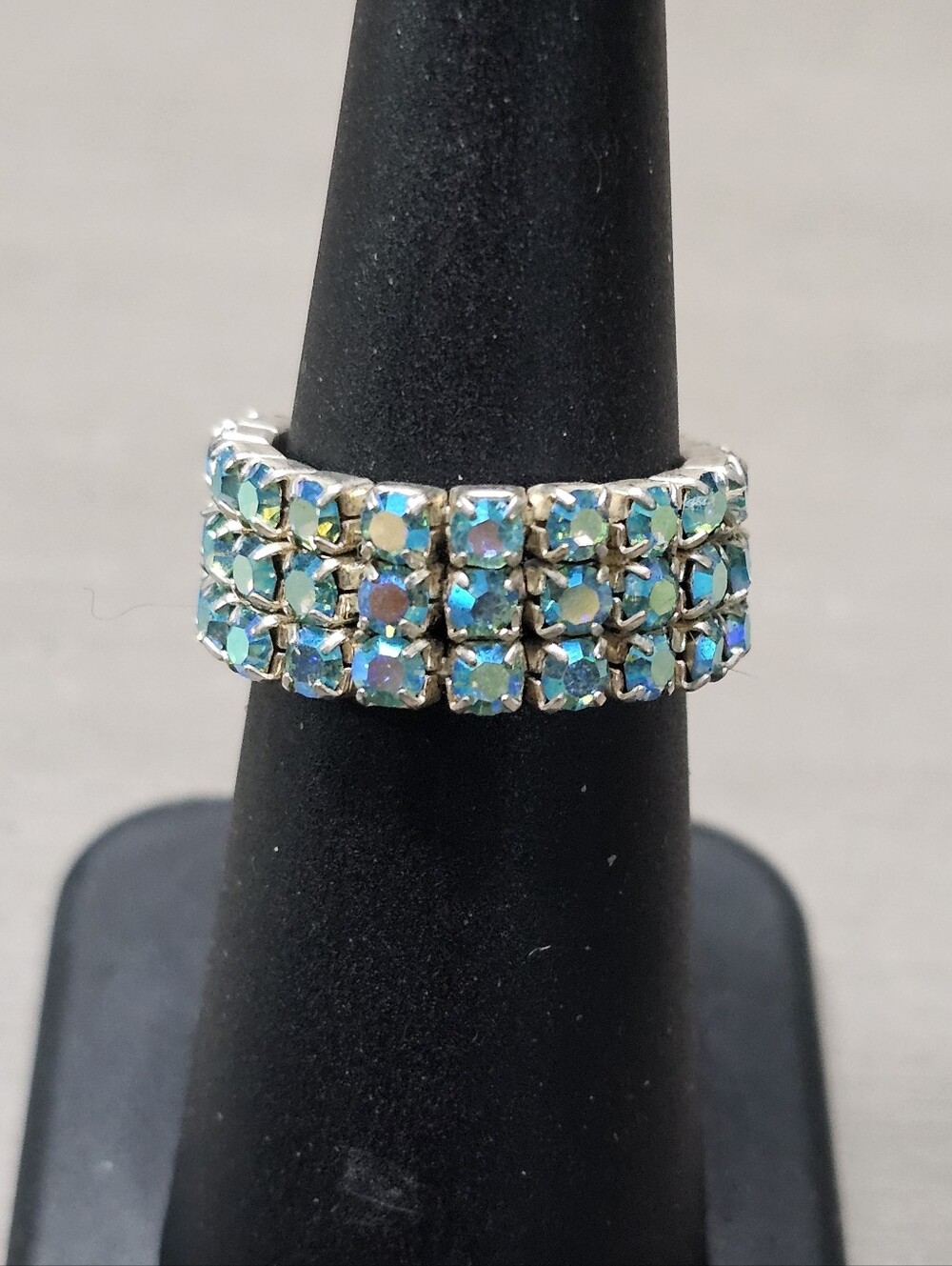 3-Row Aurora Borealis Rhinestone Stretch Ring Silver Tone